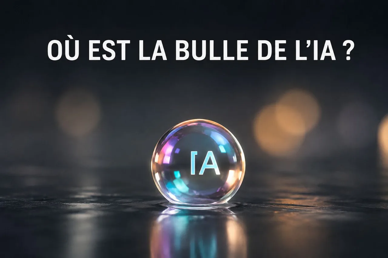 Une bulle de savon contenant les lettres « IA » sur fond sombre — métaphore de la bulle de l'intelligence artificielle.